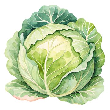 Detailed watercolor illustration of a fresh ripe green cabbage head isolated