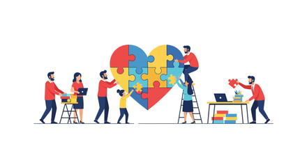 Fototapeta premium Teamwork and Collaboration Concept with People Assembling a Large Heart Jigsaw Puzzle