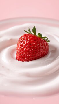 Ripe strawberry rests on smooth pink yogurt, creating a fresh and appetizing dessert composition.
