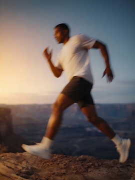Blurred motion of a young man running outdoors isolated on transparent background cutout image