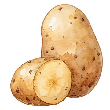 Detailed watercolor illustration of fresh raw potatoes, whole and sliced, isolated