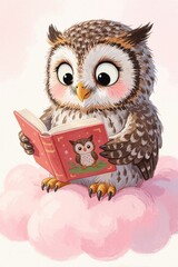 Fototapeta premium Cute owl with big eyes sits on pink cloud, reads open storybook. Adorable bird enjoys tale, wisest animal learns wisdom from book. Magical fantasy art for kids.