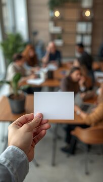 A professional woman sits at a modern cafe table while a hand holds a blank card in the foreground.