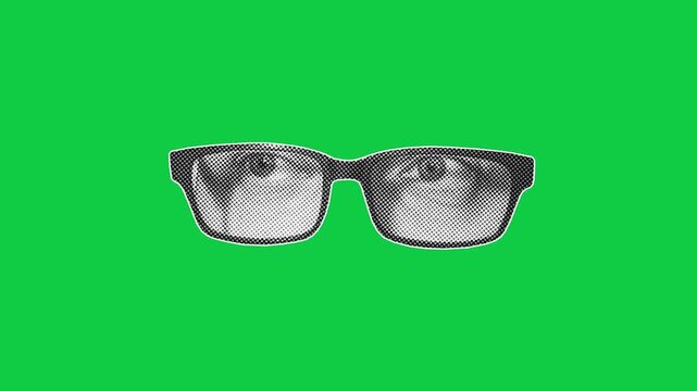 Halftone eyes in glasses rolling around in stop motion on green screen background. Seamless loop suitable for chroma key compositing and humor content.