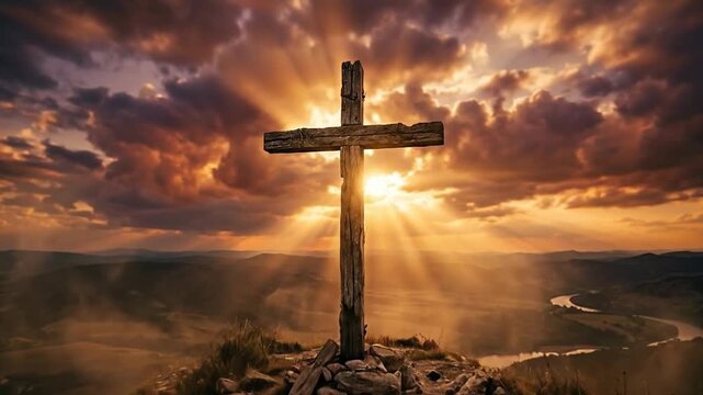 Wooden cross standing proudly on a rocky hilltop silhouette against a dramatic sunset sky radiating warm golden light rays and glowing clouds symbolizing Christian faith and divine redemption grace