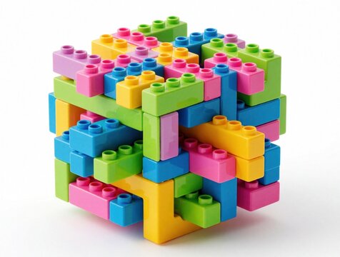 Interlocking plastic blocks build cube structure. Colorful toy pieces connect creating geometric shape. Modular design for learning and play.