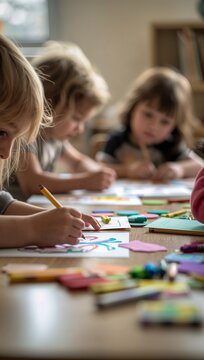 Children draw and color together at a table during a creative art activity with colorful supplies.