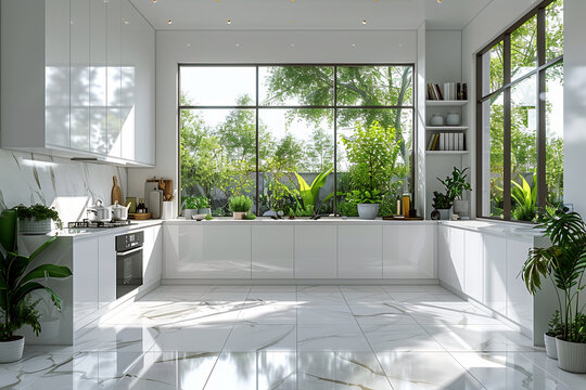 Bright modern kitchen with large windows, glossy white cabinets, marble floors, and lush green plants creating a fresh, airy, and calming cooking space