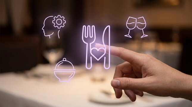 Conceptual image of a hand interacting with digital restaurant icons for food service technology, smart dining, and innovative culinary experience.