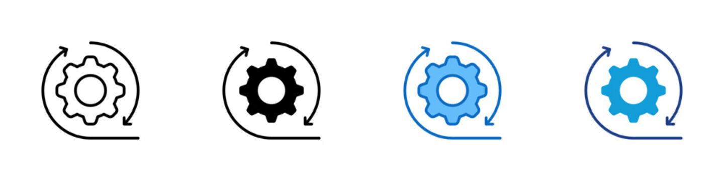 Continuous Workflow Loop Multiple Style Icon Design Vector - Circular arrow with gear representing continuous workflow loop, automated system cycle, and recurring process management