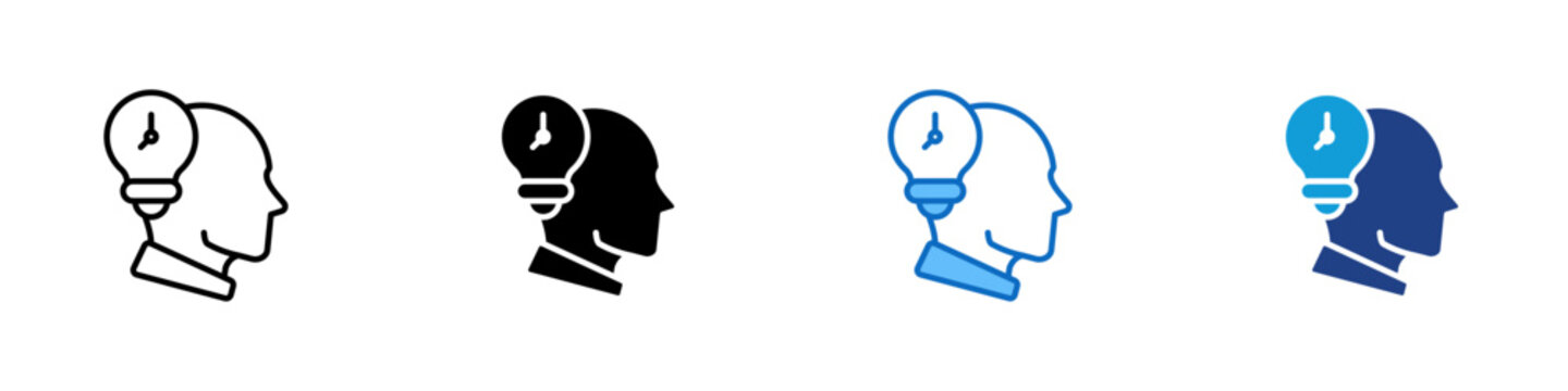 Efficient Time Idea Multiple Style Icon Design Vector - Lightbulb with clock on person's head representing time saving idea, efficient thinking, and quick smart solution for productivity