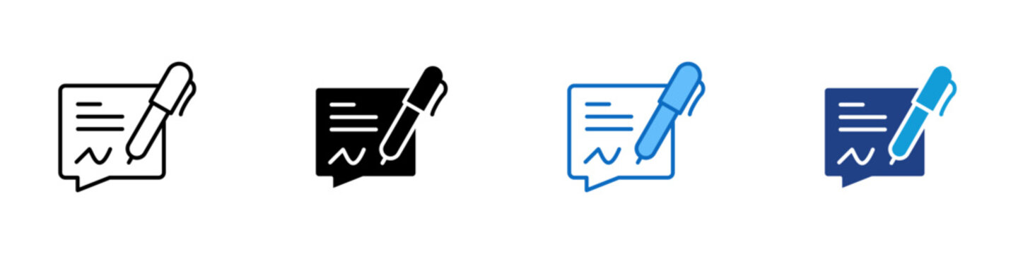 Digital Signature Agreement Multiple Style Icon Design Vector - Speech bubble with pen signature representing digital signature agreement, contract signing message, and document approval communication