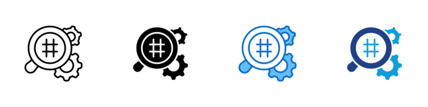 Hashtag Search Optimization Multiple Style Icon Design Vector - Magnifying glass with hashtag and gears representing hashtag search optimization, SEO keyword analysis, and social media tag