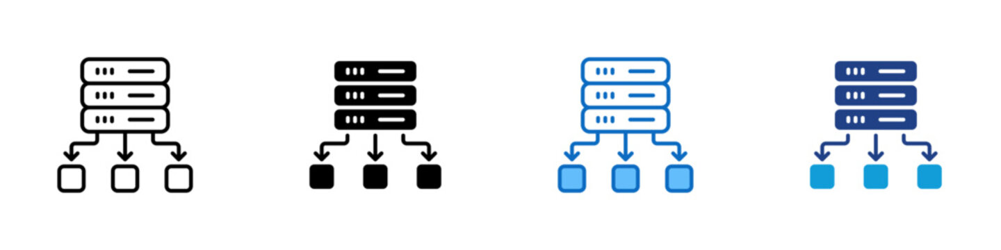 Server Data Distribution Multiple Style Icon Design Vector - Server stack with branching arrows representing data distribution, network load balancing, and backend infrastructure routing