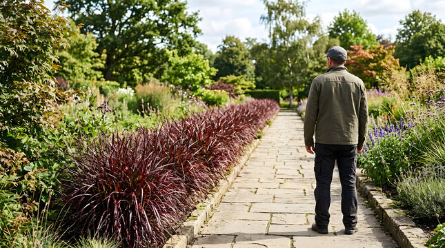 Man walking down a stone path in a lush summer garden. Long row of red fountain grass bordering a walkway with green trees and plants