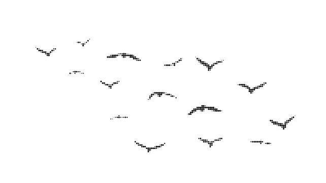 Flock of flying birds silhouettes rendered in halftone dot style