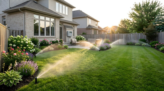 Automatic sprinkler system watering a lush backyard lawn. Garden irrigation with timer on house wall during golden hour