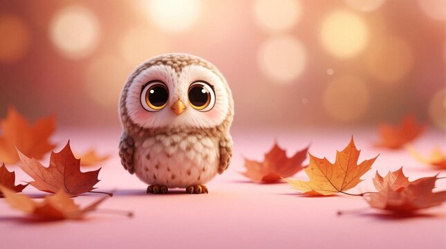Cute cartoon owl sits among fall maple leaves on pink surface with soft bokeh background. Adorable fuzzy bird with big eyes is perfect for autumn themes children books graphic design.