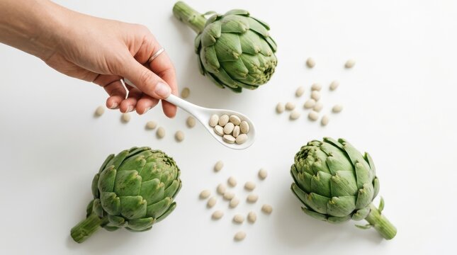 Hand holding a spoon with artichoke extract pills isolated on white background