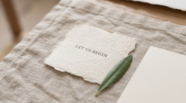 Handmade paper with let us begin message and olive leaf on linen fabric creating a minimalist starting concept