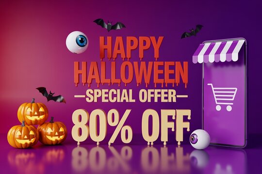 Happy Halloween Special Offer 80% Off Banner with Online Shopping Smartphone Concept