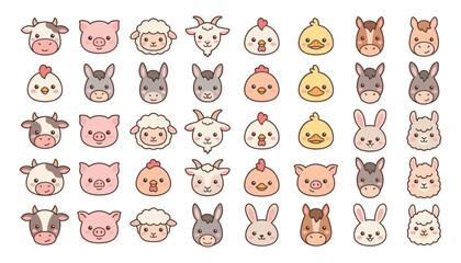 Fototapeta premium Cute Farm Animal Faces Vector Icon Set Featuring Kawaii Style Cow, Pig, Sheep, Goat, Chicken, Horse, Duck, Donkey, Rabbit, and Alpaca Avatars