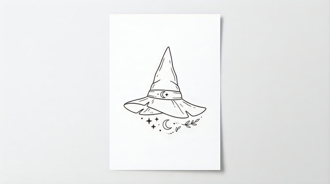Black and white line art drawing of a magic witch hat with a crescent moon and stars symbol for halloween fantasy and mystical occult design