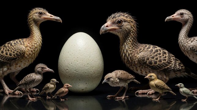 Large egg stands among various baby birds of different sizes. Young chicks, adult birds gather around huge egg in dark studio. Concept of parthenogenesis, rare animal reproduction, biology research,