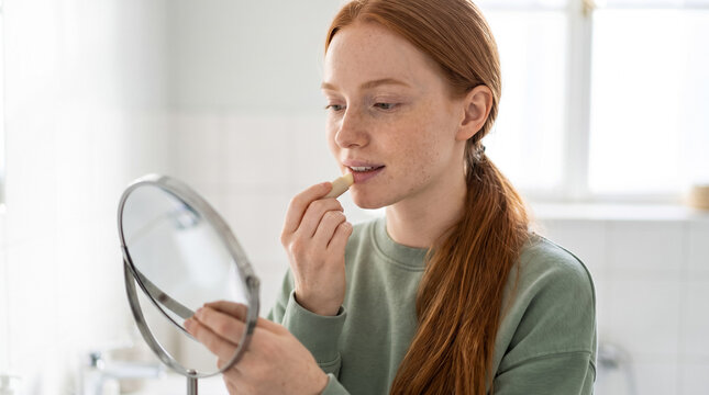 Redhead woman applying lip balm in bathroom, reflecting on self care and daily beauty routine