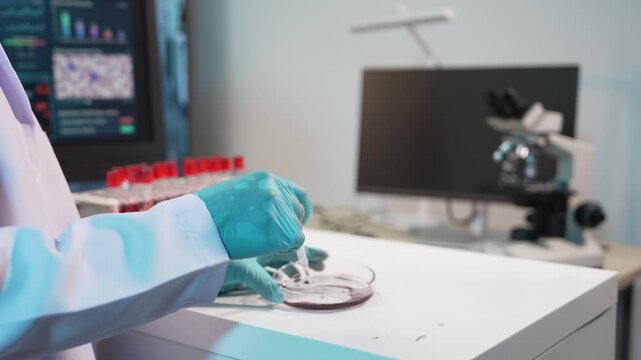 A close-up shot of a female scientist wearing blue gloves pouring various colored liquid chemicals from a bottle into a glass beaker inside a medical or chemical laboratory&mdash;a research concept.