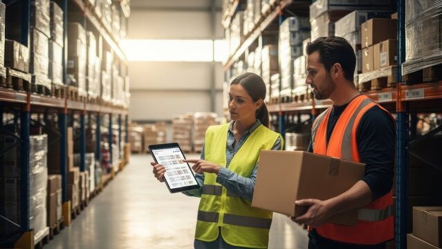 Workers in a warehouse discuss inventory on a tablet