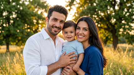 Fototapeta premium Happy Family of Three Smiling in Outdoor Field at Sunset During Golden Hour Warm Summer Lifestyle Portrait