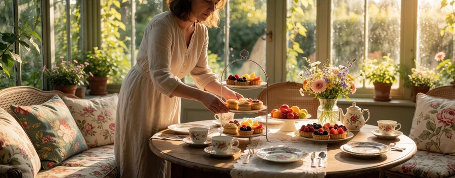 Elegant woman sets up afternoon tea in sunlit conservatory. Places tasty pastries on tiered stand near fresh fruit, flowers. Cozy home interior with plants, comfy cushions, warm sunlight creates