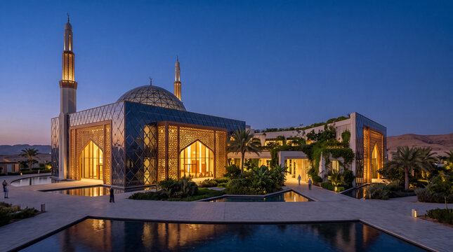 Modern Eco Friendly Mosque Architecture with Solar Glass and Green Gardens at Dusk
