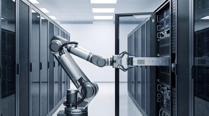 Naklejka premium Automated data center facility maintenance utilizing robotic arm for server rack hardware installation