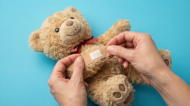 Closeup of hands applying a bandage to a teddy bear on a blue background