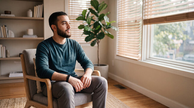 Young Muslim Man Sitting Peacefully in Sunlit Modern Living Room