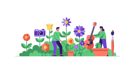 Naklejka premium Creative Hobbies and Leisure Activities Illustration in Garden Setting