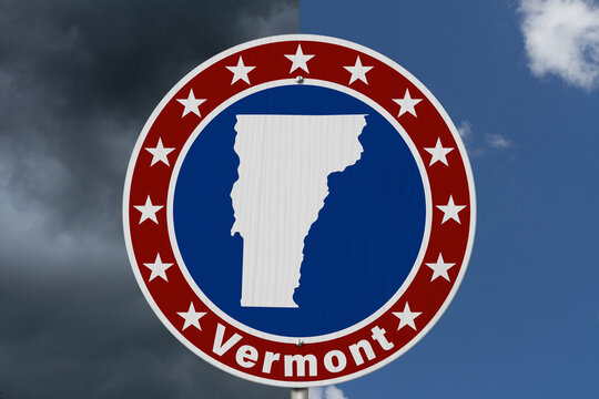 Vermont map with stars on a US red, white and blue road sign
