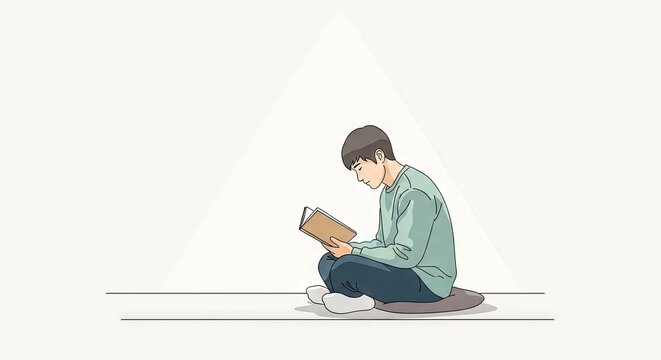 Young man engrossed in reading a book against a plain white background