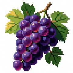 Naklejka premium Purple grape bunch with green leaves in pixel art style. Ripe juicy fruit grows on vine branch. Cartoon grape cluster design isolated on white background for food icon, wine concept, harvest