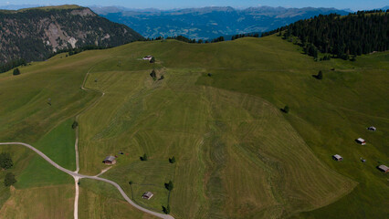 Obraz premium View of beautiful landscape in the Alps with fresh green meadows in the background on a sunny day with blue sky and clouds in summertime. Alpe de Siusi, Dolomite Alps
