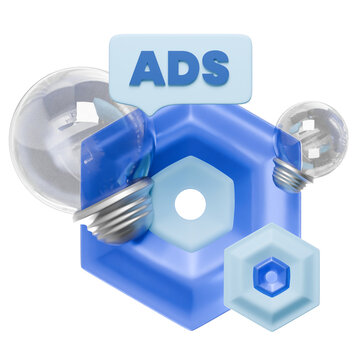 3D Ads Icon with Light Bulbs and Blue Hexagons for Marketing Strategy