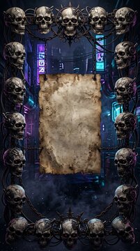 Cyberpunk Skull Garland Border and Parchment Scroll for Halloween Designs