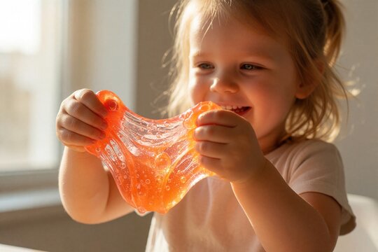 Cute little girl plays with orange slime toy at home. Happy child stretches sticky goo with hands. Young kid enjoys messy sensory play, creative craft activity. Toddler smiles exploring texture of