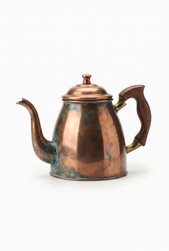 Vintage copper teapot with a patina finish and wooden handle, featuring a spout and lid, placed on a clean white background for product display
