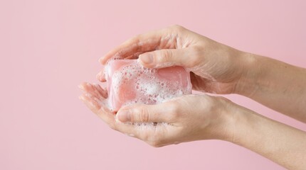 Fototapeta premium Woman hands washing with pink soap bar and foam