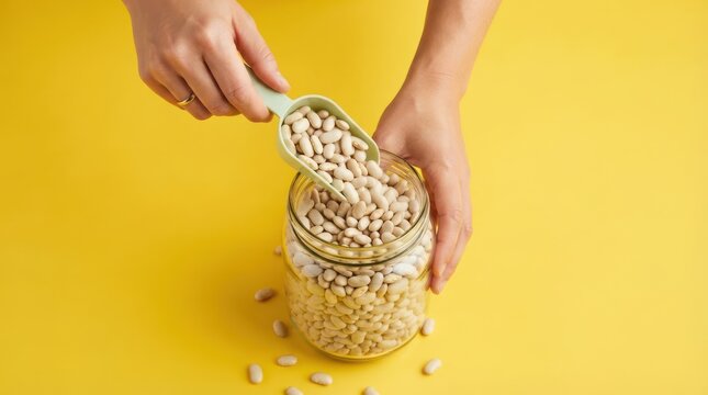 Hands pouring white beans into a glass jar with a scoop