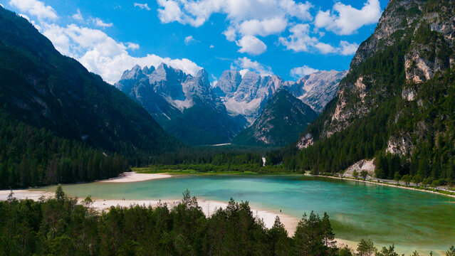 Lake San Vito di Cadore, lake Mosigo in Boite valley in the domain of Mount Antelao. Italian Dolomites Alps Scenery, Italy, Europe. 
