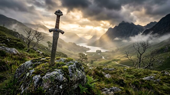 Ancient sword stuck in mossy rock with dramatic sunbeams breaking through cloudy sky over misty mountains and winding river, epic fantasy landscape.